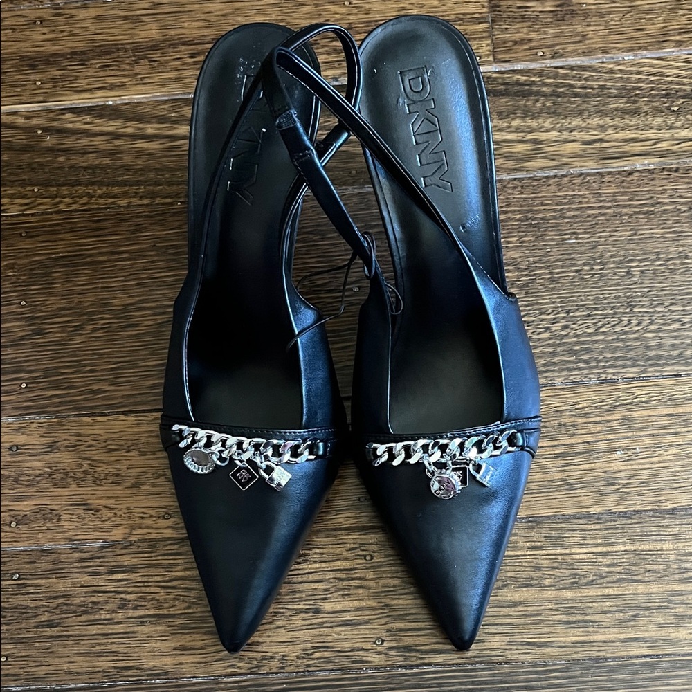 DKNY Black Faux Leather Slingback Stiletto Heels Ladies size 8.5